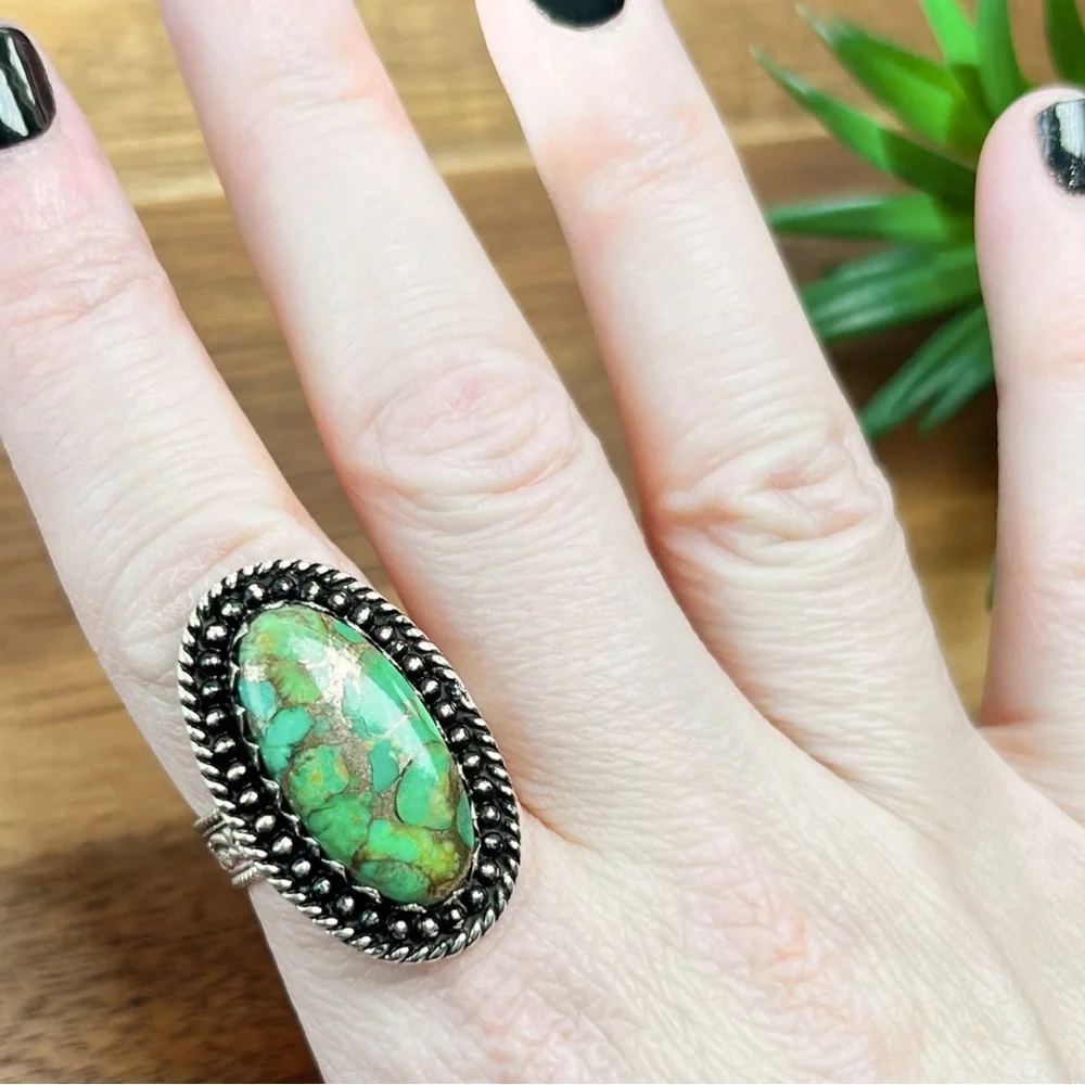 Big Genuine Green Copper Turquoise Ring Size 10 Solid Sterling Native Southwest - Picture 6 of 9
